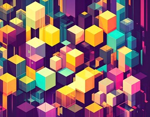 A vibrant abstract composition of colorful, three-dimensional cubes and rectangular prisms arranged in a layered pattern