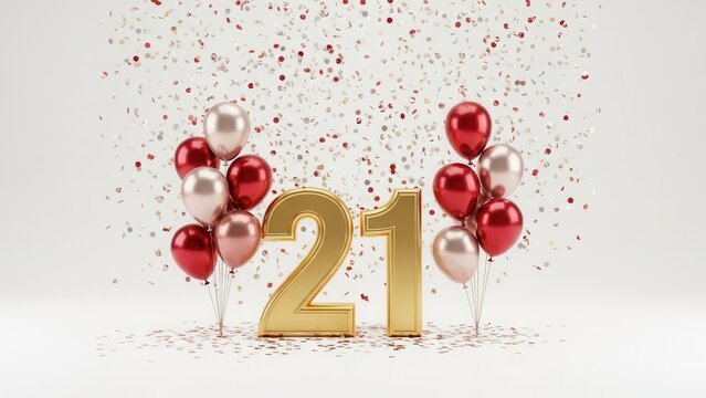 21st Celebration with Gold Numbers, Red and Gold Balloons, and Falling Confetti 3D Render - Powered by Adobe