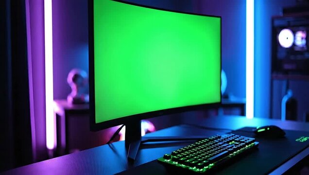 A computer monitor with a green screen on a desk with a keyboard and mouse in a dark room with colorful lights