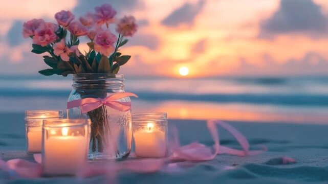 Pink flowers in a vase, lit candles on sand, tranquil ocean sunset background