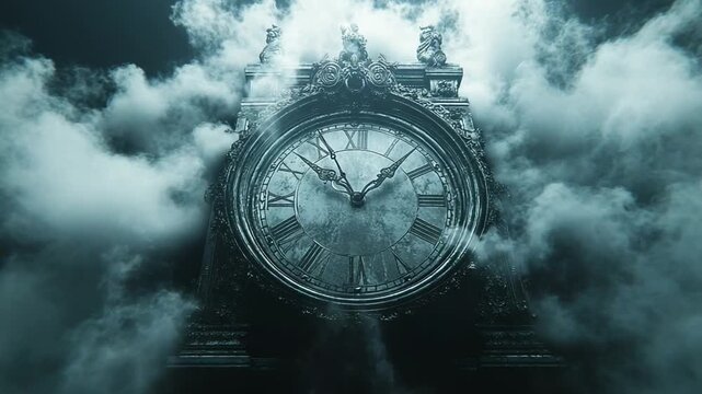 Mysterious Antique Clock Emerging from Ethereal Clouds.