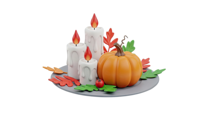 3D Thanksgiving Decoration with Pumpkin, Candles, and Autumn Leaves