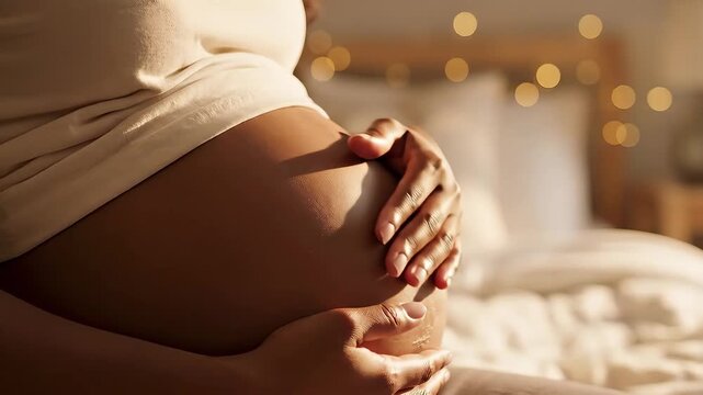 A tender close-up shot of a pregnant womans hands gently caressing her growing baby bump in a warm, intimate bedroom setting, bathed in soft, golden light, symbolizing anticipation, motherhood, and t.