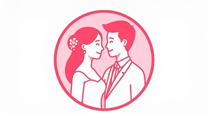 Obraz premium A wedding illustration featuring a happy couple in a circular frame, symbolizing love and commitment