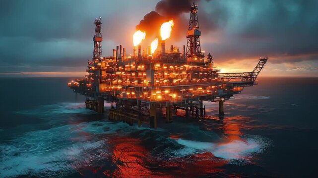 Offshore oil rig burning at sunset over ocean waves
