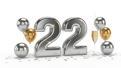 3D Render of Metallic Silver Number 22 with Gold and Silver Balloons, Champagne Flute, and Confetti