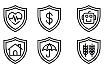 Obraz premium Shield Insurance Icons Pack, Including Health, Money, Home, Technology Protection Symbols, Vector Set Featuring Financial, Healthcare, Real Estate, Agriculture