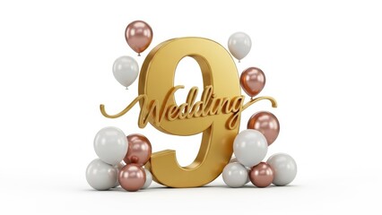 Golden 9th Wedding Anniversary Celebration 3D Render with Rose Gold and White Balloons