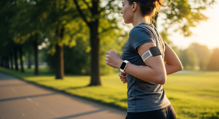 Woman Jogging in Park Wearing Fertility Tracking Wearable Device