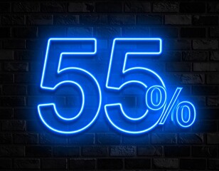 Neon blue "55%" against a dark brick wall. The numbers and symbol glow, creating a striking visual contrast