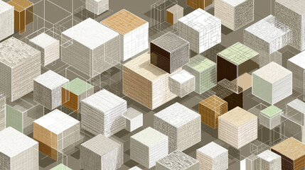 Abstract arrangement of cubes and wireframe outlines suitable for tech related designs, web backgrounds, 3d modeling concepts, and digital art.