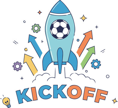 Vector illustration of a blue rocket ship launching with a soccer ball in its porthole, representing the start of a game or venture.
