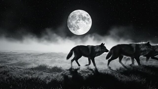 Silhouette of a dire wolf pack walking under a full moon with foggy mist in a dramatic landscape.