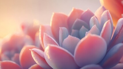 Succulent flowers in soft pastel hues at sunrise with gentle light