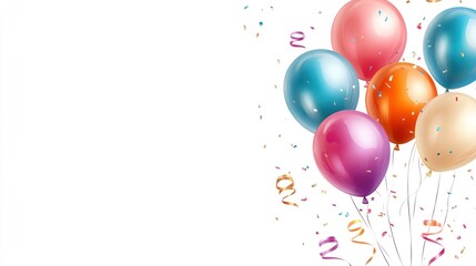 Vibrant balloons and confetti on a white background, perfect for celebrations
