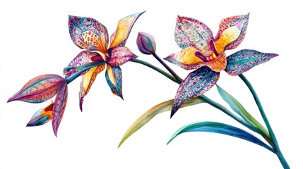 Colorful patterned orchids with buds and green leaves on a white background