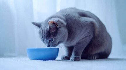 Gray cat eating from a blue bowl on a white background
