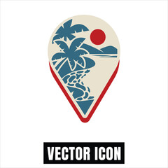 Tropical Island Location Pin Vector Illustration: Palm Trees and Sun