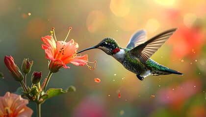 A vibrant hummingbird hovers near a blooming flower, reaching for nectar. Soft light illuminates the scene, with bokeh effects