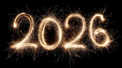 Brilliant golden light painting spells out the year 2026 using a sparkler against a dark black background perfect for celebration themes