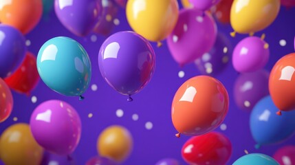 A vibrant assortment of colorful balloons floats against a deep purple background, creating a festive and celebratory atmosphere, perfect for birthdays and joyous occasions