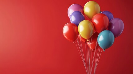 A vibrant collection of colorful balloons floats against a bright red background, creating a festive and celebratory atmosphere, perfect for birthdays and special occasions