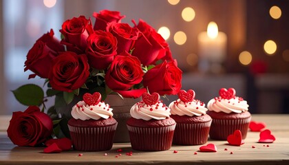 Romantic arrangement featuring red roses and cupcakes with heart-shaped decorations on a wooden table