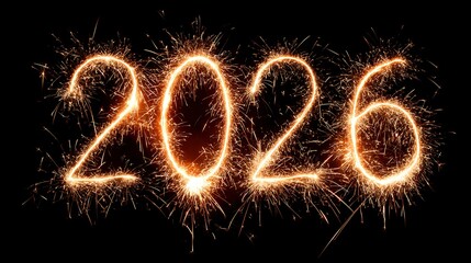 Bright sparkling golden sparkler light writing showing the year two thousand twenty six against a deep black background symbolizing the start of a new future.