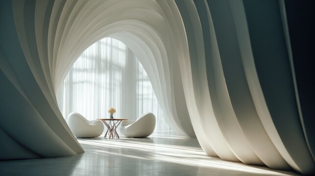 Architectural marvel with smooth curves and inviting seating arrangement