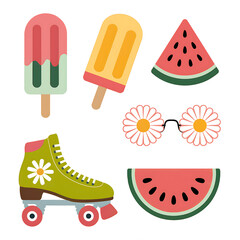 Retro Summer Fun: Whimsical Watermelon Ice Pops, Roller Skates & Sunglasses in Vibrant Colors