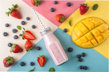 A yogurt drink in a transparent bottle with a straw, surrounded by fresh strawberries, blueberries, and sliced mango