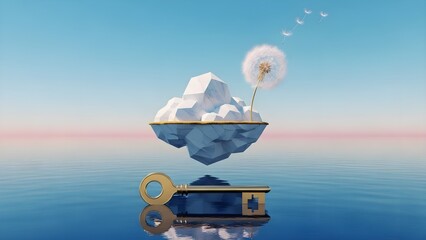 Surreal floating island above calm water with a golden key and delicate dandelion, symbolizing hope, freedom, dreams, solutions, and new opportunities in a minimalist fantasy scene.