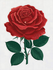 Red Rose Blooming Flower Botanical Design: Romantic Symbolism in Nature's Beauty and Vintage Style Floral Art with Elegant Green Leaves and Delicate Petals for Wedding Decor and Nature Lover's Gift