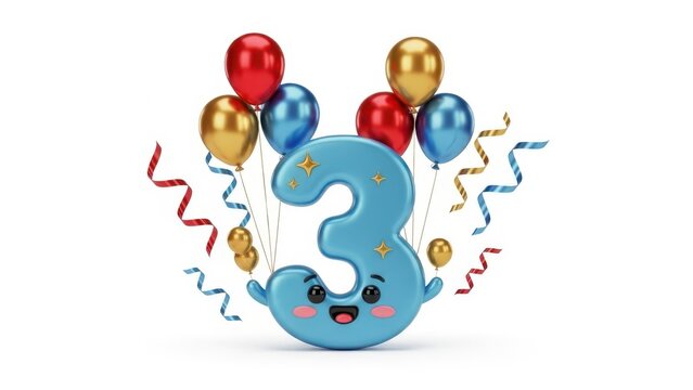 Blue number 3 character with balloons and confetti, 3rd birthday celebration concept, cute metallic numeral three for anniversary party