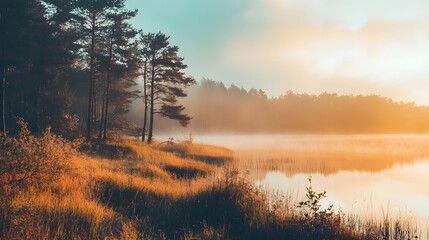 Misty sunrise over a still lake with tall pine trees on the shore and golden light reflecting on the water.