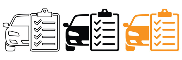 Vehicles with checklists for efficient car maintenance and inspection,Car maintenance vector icon set. Vehicle maintenance report. Car service list symbol. Car insurance policy finance icons. © Welcome