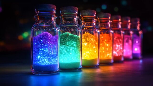 Line of glowing rainbow-colored glitter bottles with corks on a dark reflective surface