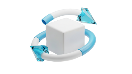 Abstract 3D rendering of a white cube with blue arrows and gems