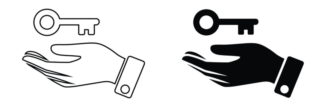Hands holding keys in black and white line art style,Key on a hand, icon in line design. Key, hand, security, access, ownership, trust, giving on white background vector.