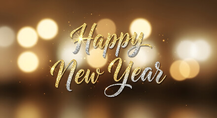 Sparkling 'Happy New Year' glitter text design with golden and silver hues set against a warm, festive bokeh light background, perfect for seasonal greetings and celebration messages