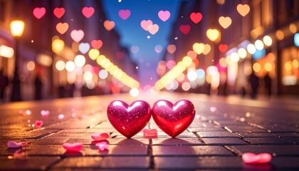 Two shiny, red heart-shaped objects rest on cobblestones with scattered petals; background shows city lights at dusk