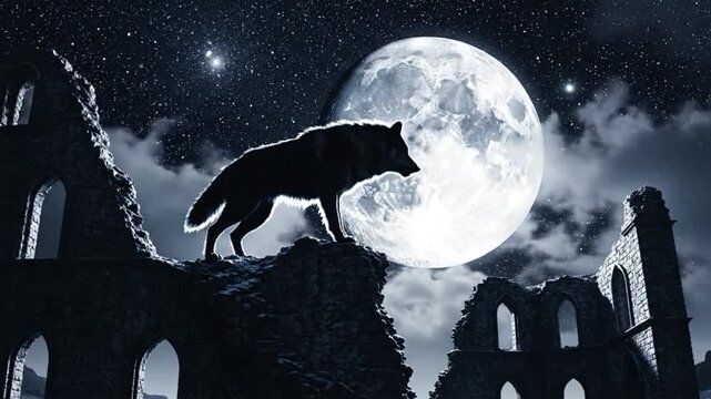 Silhouette of a dire wolf standing on ruins with a full moon in the background under a starry night sky.
