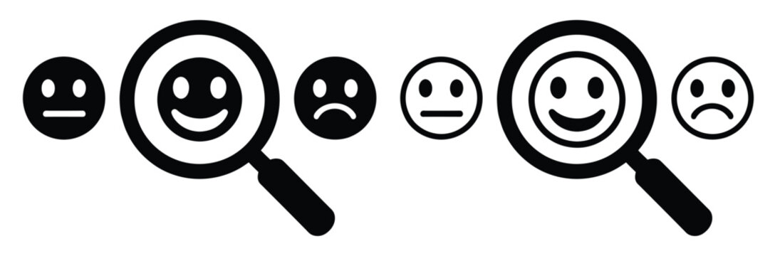 Magnified smiley faces under scrutiny with mixed emotions,Searching Magnifying Glass Icon Design 