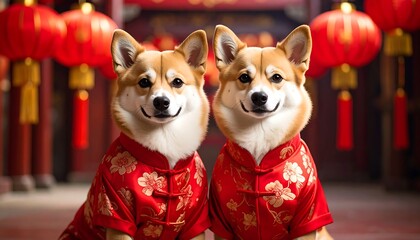 Two adorable corgis, dressed in ornate red festive attire, pose in front of glowing lanterns. The background suggests an Asian cultural celebration