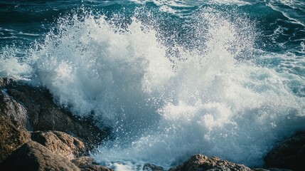 Obraz premium A powerful ocean wave crashes against rugged coastal rocks, creating a dynamic display of water and foam in a beautiful natural environment, showcasing the raw power of the sea