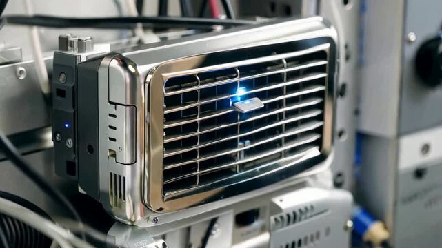 Close-up of a Shiny Computer Component with Grills.