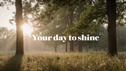 Sunlight filtering through trees in a misty morning landscape.