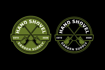 Garden shovel crossed retro badge logo design set for agricultural. Spade tools vintage patch symbol graphic pack for gardener. Digging shovel equipment rustic emblem element bundle for farmer