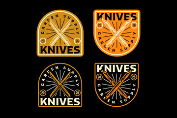 Garden knives crossed retro badge logo design set for agriculture. Pruning knives vintage patch symbol graphic pack for gardening. Cutting blade tools rustic emblem element bundle for horticulture