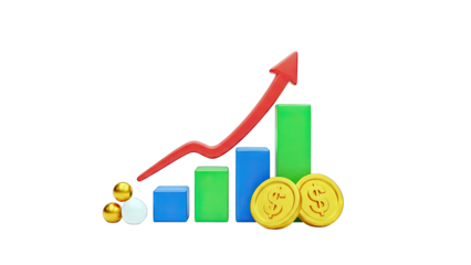 Financial Growth Bar Chart with Red Upward Arrow and Gold Coins